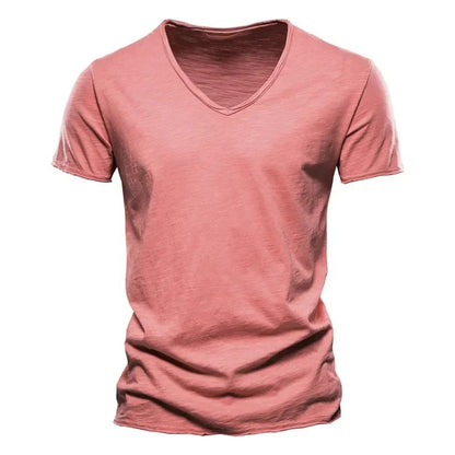 2024 hot summer men's new solid color V-neck pure cotton short sleeved T-shirt hot selling men's T-shirt top