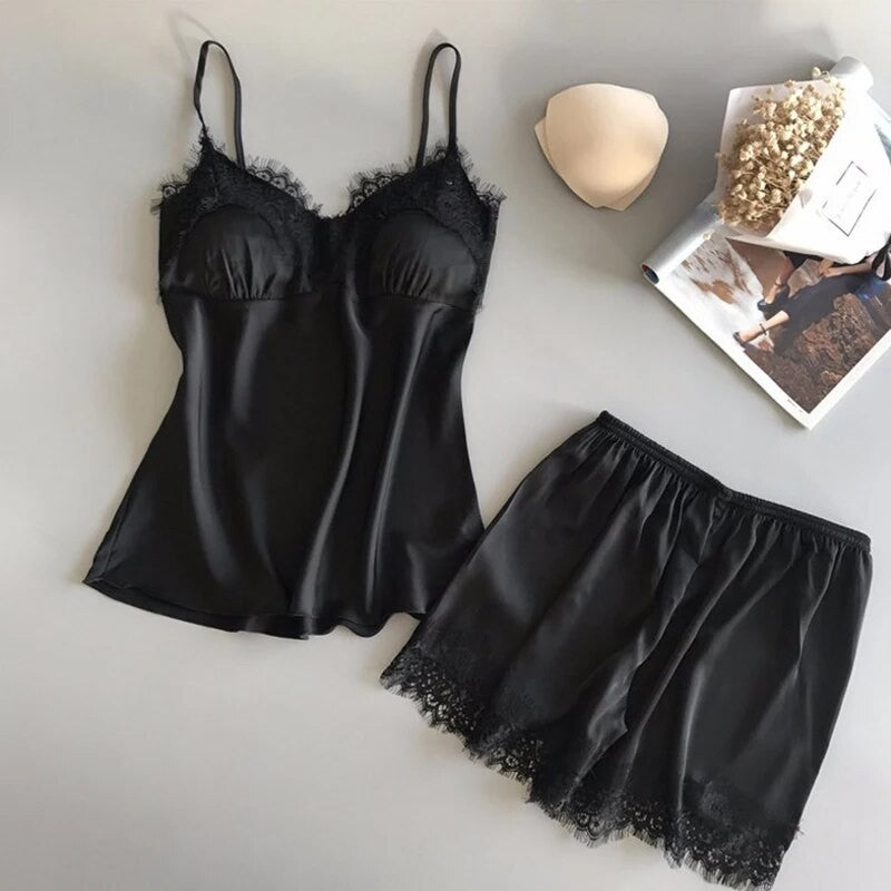 Women Pajama Suit Fashion V-Neck Lace Sexy Lingerie Pyjamas Sleep Shorts Set Sleepwear New