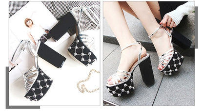 Luxury Brand Women's Summer Fashion Metal Platform Sandals Large 34-42 Super High Heel Thick Bottom Rivet Party Women's Shoes