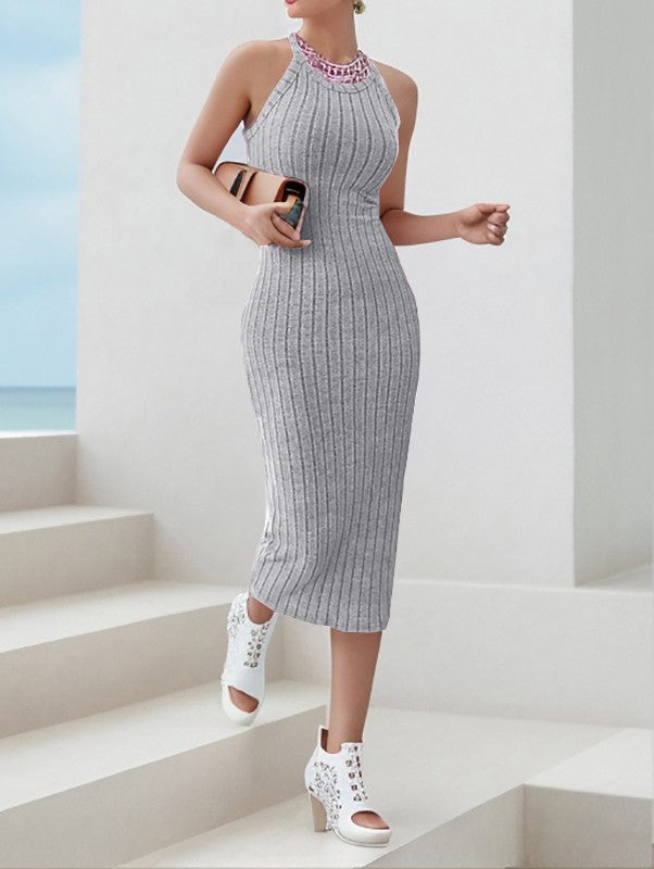 Solid Halter Neck Bodycon Midi Dress High-end temperament vest halter dress wome