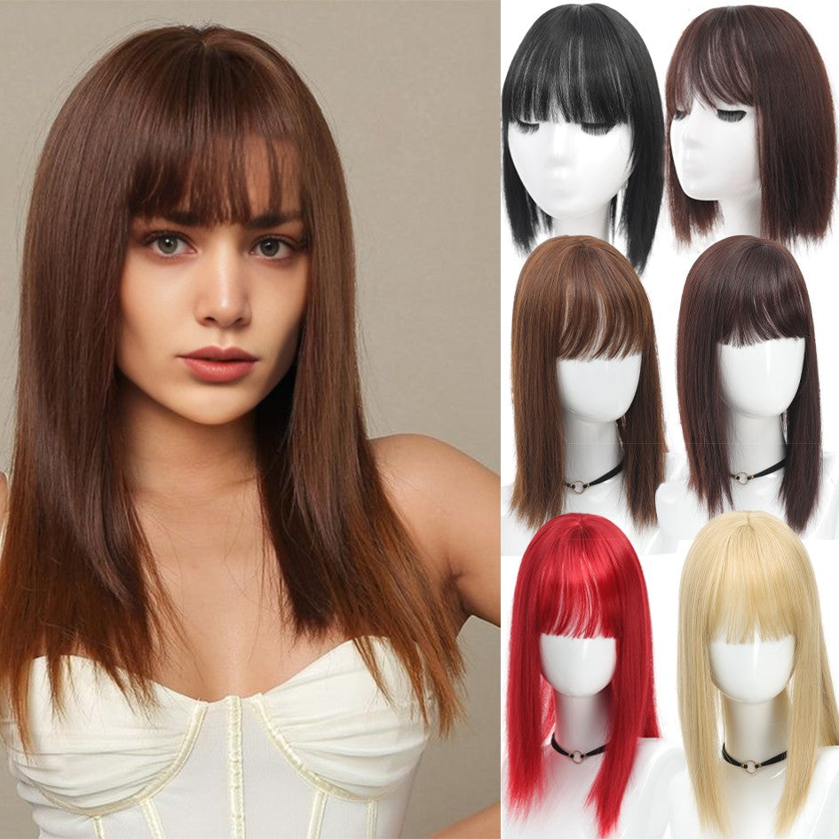 Franja sintética feminina de 25 cm/35 cm, lisa, aplique de cabelo topo, três presilhas, peruca preta/peruca marrom/peruca bege/peruca cáqui
