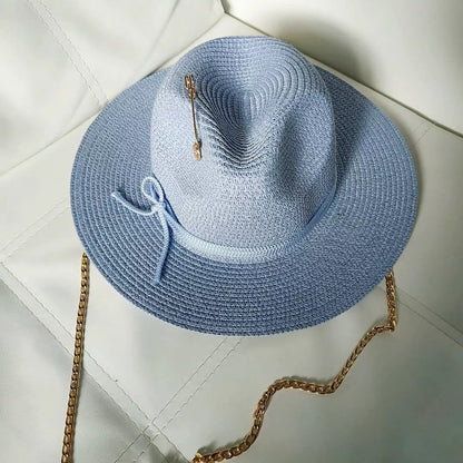 2023 Summer sun hat Lafite grass French straw hat Women's chain decorated straw hat Holiday Sun hat Punk style  beach