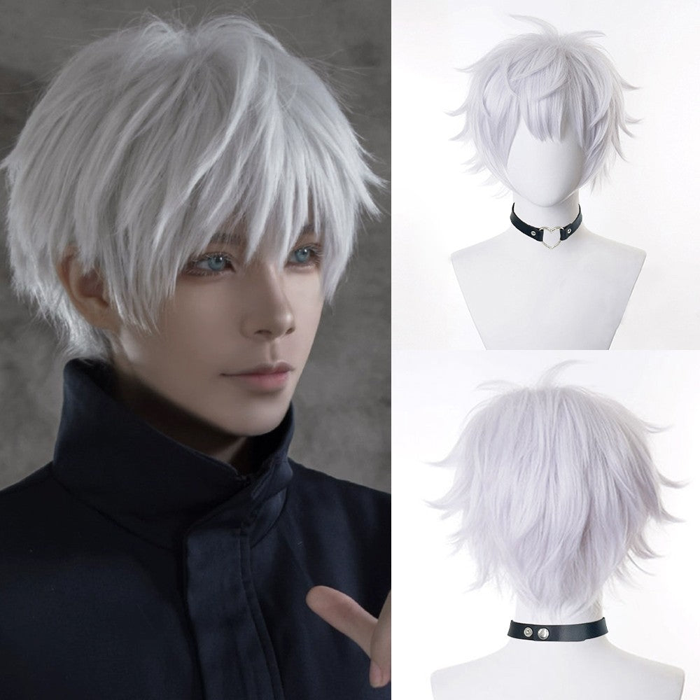 Peruca Sintética Curta Branca Lisa Anime Game Cosplay Resistente ao Calor Fofa Peruca Masculina para Uso Diário e Festas