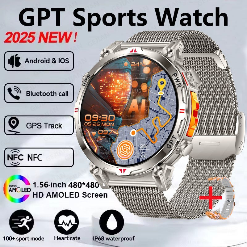 Smartwatch Esportivo 2025 com GPS, GPT, AMOLED de 1,56 polegadas, 488*488, Monitoramento de Frequência Cardíaca, Oxigênio no Sangue e Pressão Arterial, 3ATM