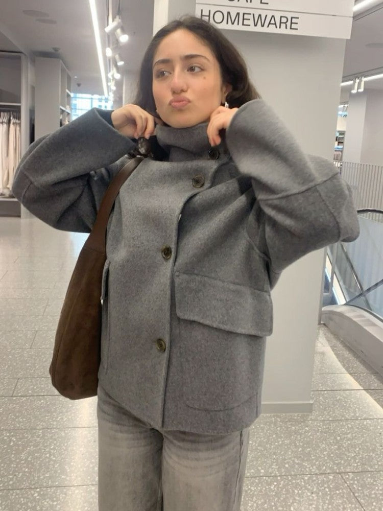 Elegant Stand Collar Woolen Jacket For Women Y2K Single Breasted Button Pockets Coat Lady 2025 Autumn Winter Street Chic Outwear