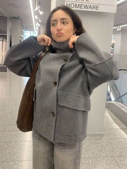 Elegant Stand Collar Woolen Jacket For Women Y2K Single Breasted Button Pockets Coat Lady 2025 Autumn Winter Street Chic Outwear