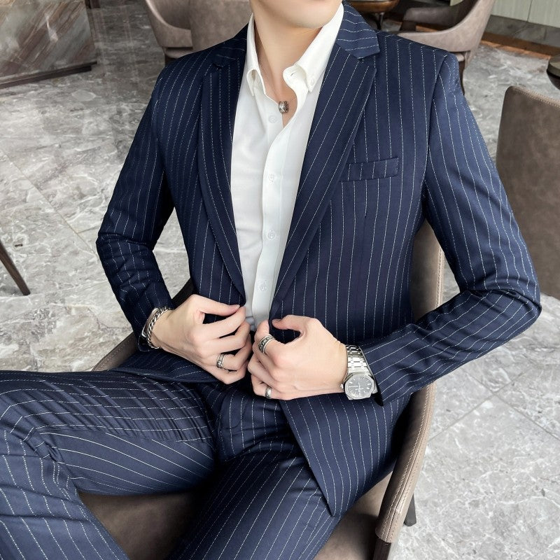 Men's Fashion High-Quality Slim Fit Two-Piece Suit Set Spring Autumn Stripes Business Casual Trousers And Jacket Combo