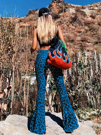 New High Waist Leopard Print Flare Pants Women's Stretchy Casual Streetwear Tummy Control Bootcut Trousers Elastic Waistband