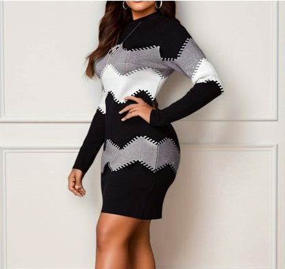 Women Elegant Patchwork Long Sleeve Warm Dress Autumn Winter Rib Knit Sweater Dress Casual Turtleneck Pullover Mini Dresses