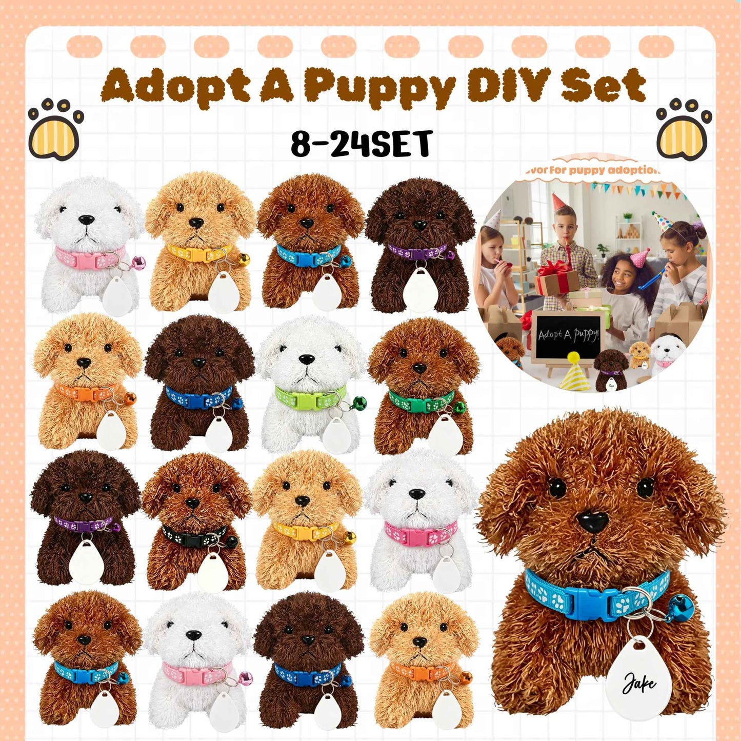 8-24Set Adopt a Puppy Party Favors Teddy Dog Bulk Adjustable Dog Collars with ID Card for Kids Toys Graduation Birthday Gifts