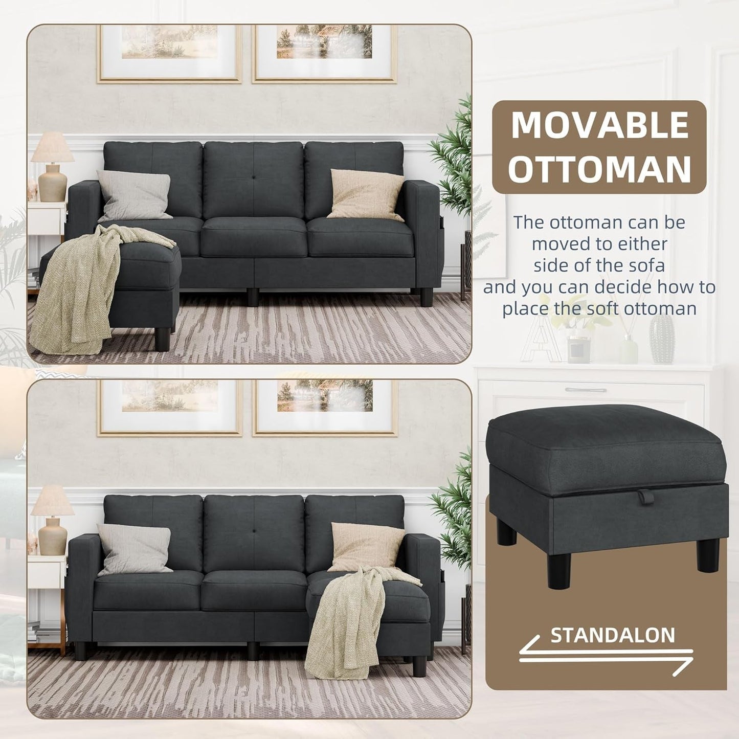 L-Shaped Couch 3 Seat Sofa Set with Linen Fabric and Ottoman Small Couch for Apartments, Black sofa set living room furniture