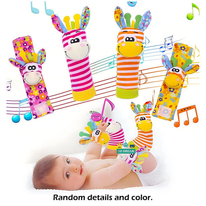 Conjunto com 4 peças de chocalhos de pulso e meias para bebês 0-12 meses, meninos e meninas, brinquedos educativos para o desenvolvimento inicial, presentes sensoriais fofos para bebês