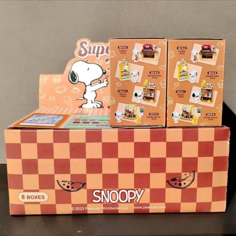 Quebra-cabeça de blocos de montar da série Original Snoopy Assemble Genuine Authorized Blind Box Supermarket Garden Furniture Scene para decoração de mesa