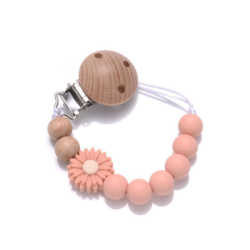 Baby Beech Round Wooden Clips Flowers Silicone Beads Pacifier Chain For Teether Nursing Toys Handmade Dummy Holder BPA Free