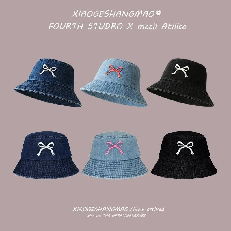 A Fisherman's Hat Three-Dimensional Embroidery Bow Travel Shopping Washed Denim Basin Hat