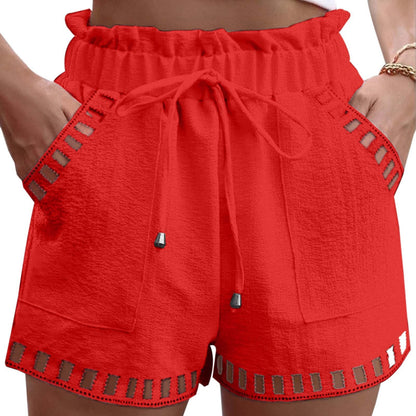 Cotton Linen Shorts Women'S Pants Solid Color Thin Hollow Out Design Trim Pocket Tight Waist Shorts Beachwear White Clothes