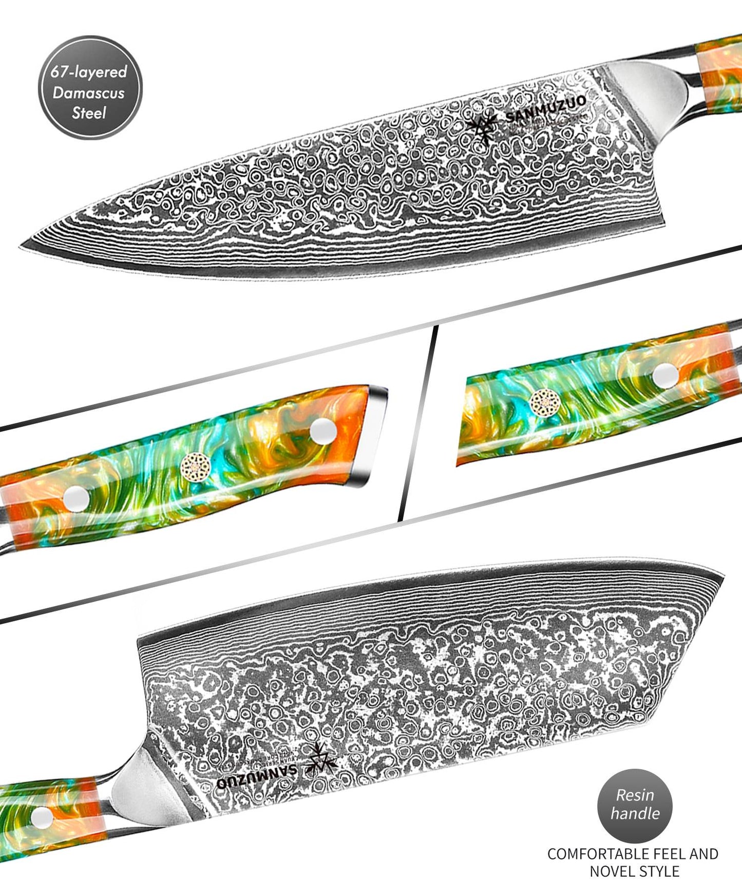 Conjunto de facas de cozinha SANMUZUO 2 peças - Série Xuan - Faca de Chef e Faca Nakiri em Aço Damasco VG10, Melhor Presente para Chefs - Cabo de Resina