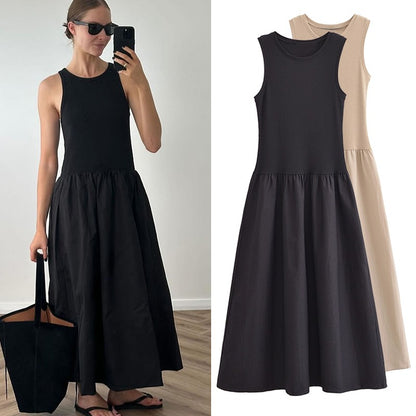 HXAO Black Dress Women Slim Simple O Neck Sleeveless Long Dress Holiday Dress Street Casual Dresses 2025 Women's Summer Dress