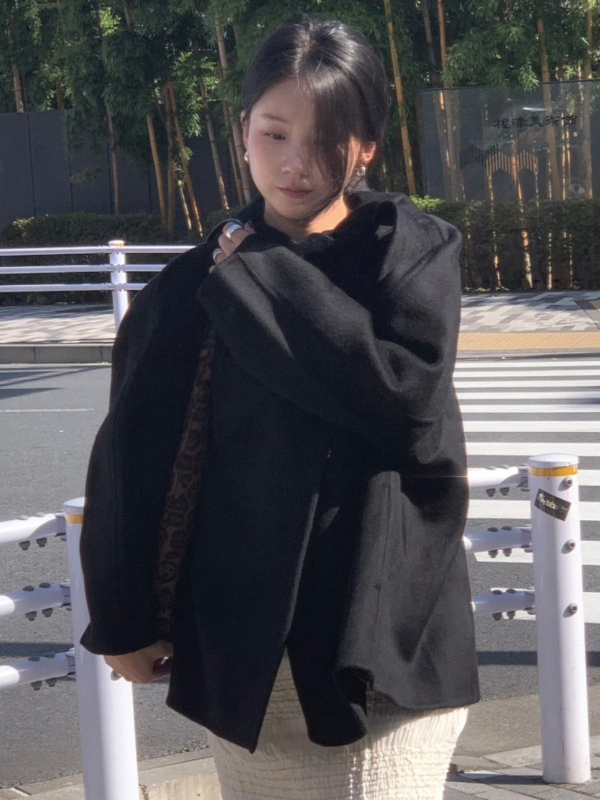 Korean Sle Woolen Coat Women's Chic Temperament Sweet Bow Tie Collar Hooded Warm Woolen Coat Long Sve Mid-Length