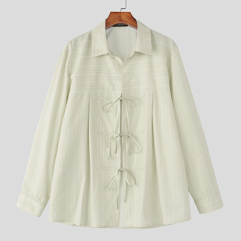 INCERUN Men Striped Shirt Lapel Long Sleeve Lace Up Hollow Out Men Clothing Oversize Korean Style Streetwear Casual Shirts Men