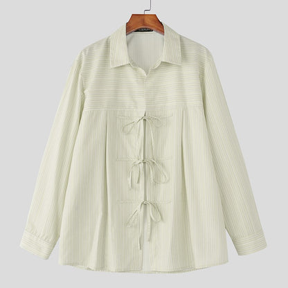 INCERUN Men Striped Shirt Lapel Long Sleeve Lace Up Hollow Out Men Clothing Oversize Korean Style Streetwear Casual Shirts Men