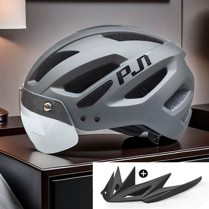 PJT Adult Bike Helmet With Rechargeable LED Rear Light Dual Mode Goggle Cycling Helmet MTB Lightweight Breathable Bicycle Helmet