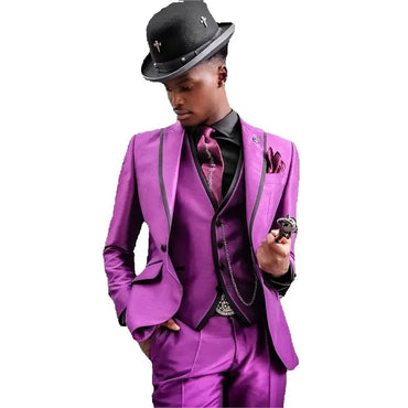 High Quality Men's Suits Purple 3 Piece Single Breasted Peaked Lapel Prom Party Male Clothing Slim Fit Jacket Pants Vest Sets