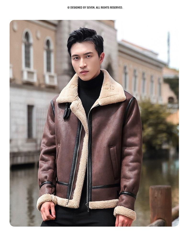 Lamb Cashmere PU Leather Jacket Mens Plus Velvet Men Winter Warm Motorcycle Thickened Leather Coat Man Fleece PU Leather Coats