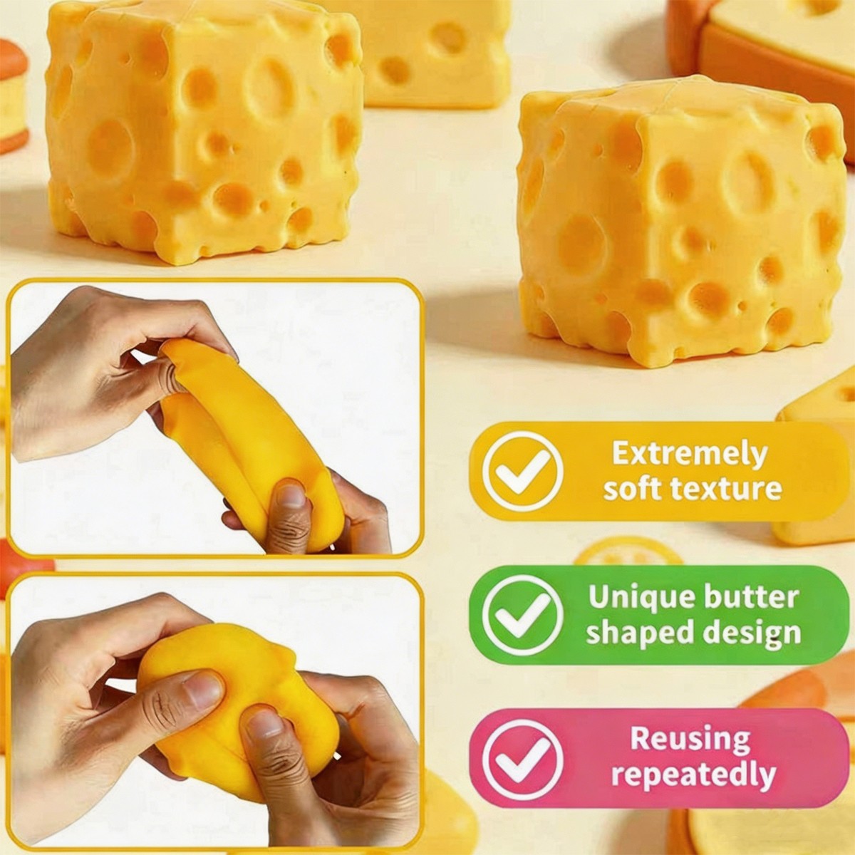 1/3/5Pcs 5cm Cheese Squeeze Toy Fidget Stress Relief Squishy Cube Toy, Slow Rebound, Decompression Toy for Kids Adults Gift