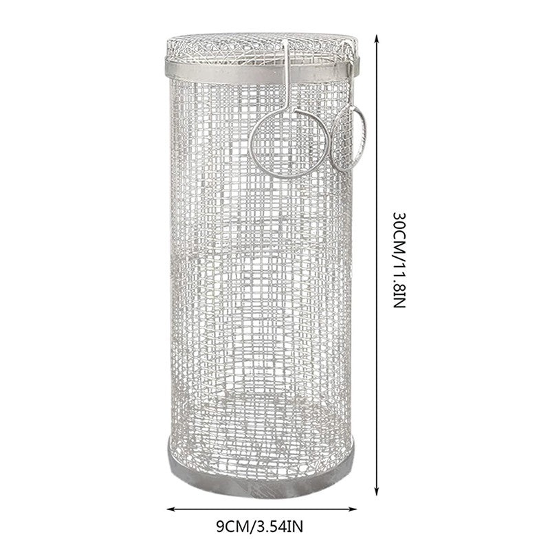 BBQ Basket Stainless Steel Rolling Grilling Basket Wire Mesh Cylinder Grill Basket Portable Round Outdoor Camping Barbecue Rack