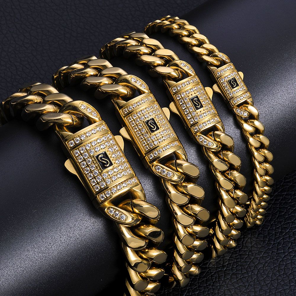 Pulseira ESKEEM Hip Hop Monaco PVD Banhado a Ouro 14k Correntes Miami Cuban Link 6/9/11/13MM Aço Inoxidável para Mulheres e Homens