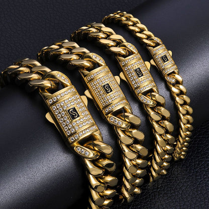 Pulseira ESKEEM Hip Hop Monaco PVD Banhado a Ouro 14k Correntes Miami Cuban Link 6/9/11/13MM Aço Inoxidável para Mulheres e Homens