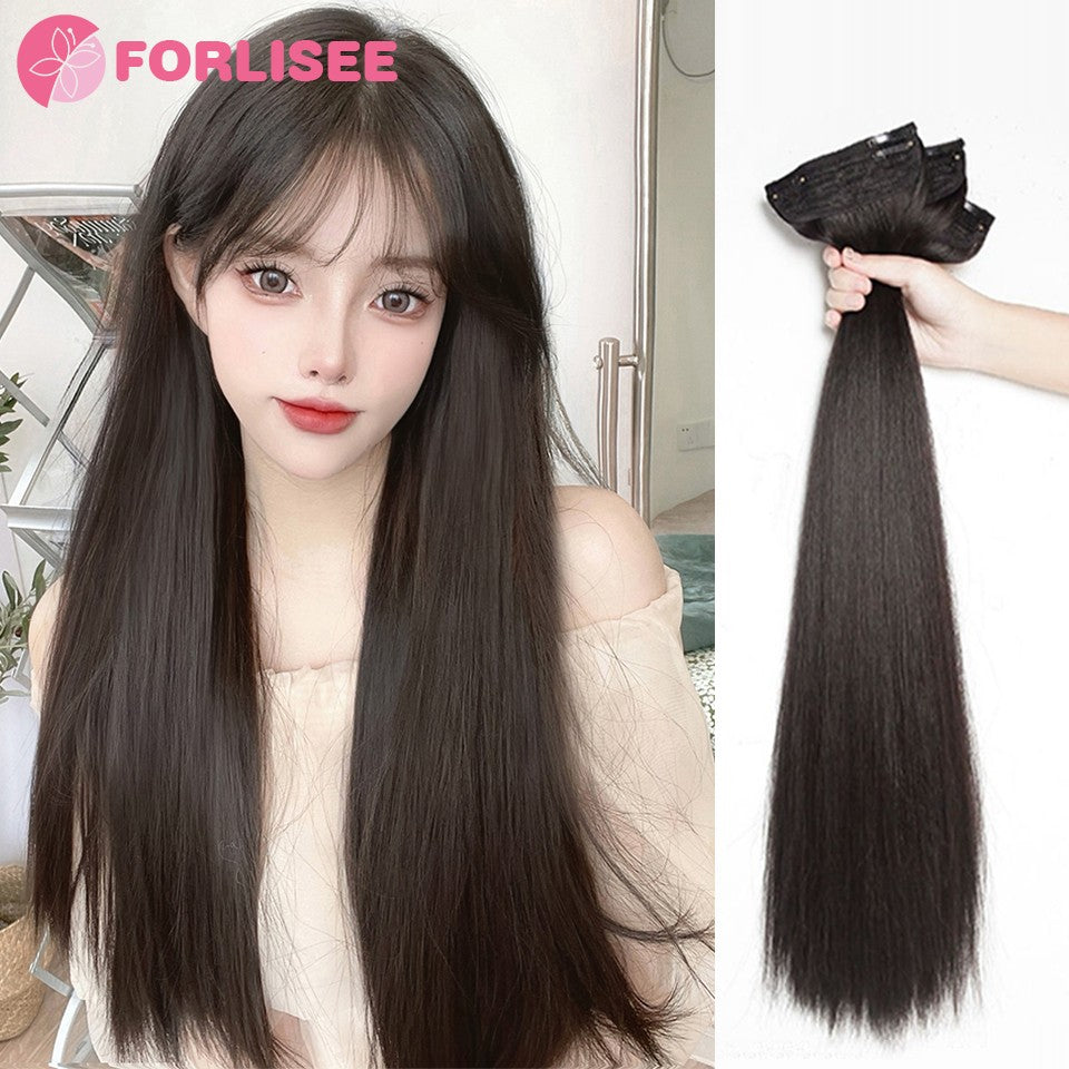 Aplique de Peruca Sintética de Quatro Peças Para Aumentar o Volume do Cabelo Peruca Longa Lisa Preta Fofa Peça de Extensão de Cabelo Invisível Sem Costura