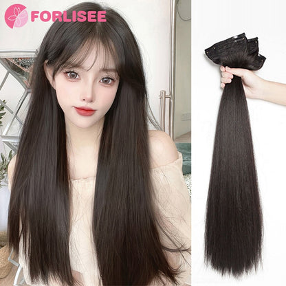 Aplique de Peruca Sintética de Quatro Peças Para Aumentar o Volume do Cabelo Peruca Longa Lisa Preta Fofa Peça de Extensão de Cabelo Invisível Sem Costura