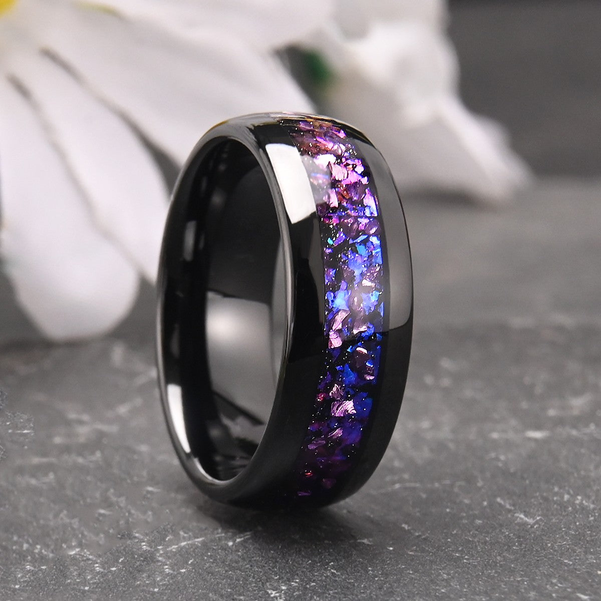Anel Masculino de Tungstênio com Incrustação de Ametista Preto, Aliança de Casamento, Noivado, Presente de Joia, 8mm de Largura, Durável para Uso Diário Masculino