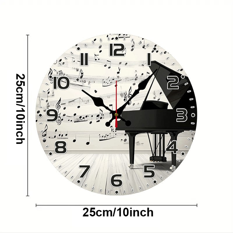 Elegant Piano Notes Wooden Round Silent Hanging Wall Clock, Suitable For Living Room,Office,Study Room, Bedroom, Home Decoration