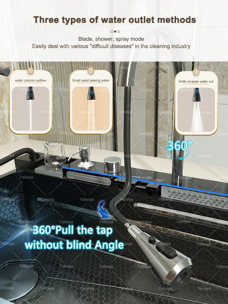 Stainless Steel kitchen Sink With Waterfall Golden Large Single Slot Multifunctional Digital Display Sinks 100*50CM