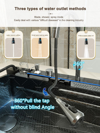 Stainless Steel kitchen Sink With Waterfall Golden Large Single Slot Multifunctional Digital Display Sinks 100*50CM