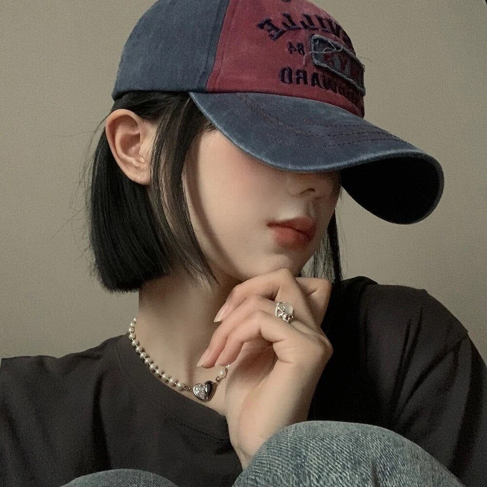 American Retro Baseball Hat Women's Soft Top Letter Washed Cowboy Duck Tongue Hat Wide Brim Big Head Surrounding Face Small Hat
