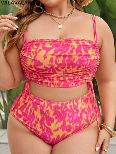 2025 Print Two Piece Plus Size Bikini Women Strapped Large Swimsuit High Waist Lady Chubby Swimwear Beach Curvy Bathing Suit
