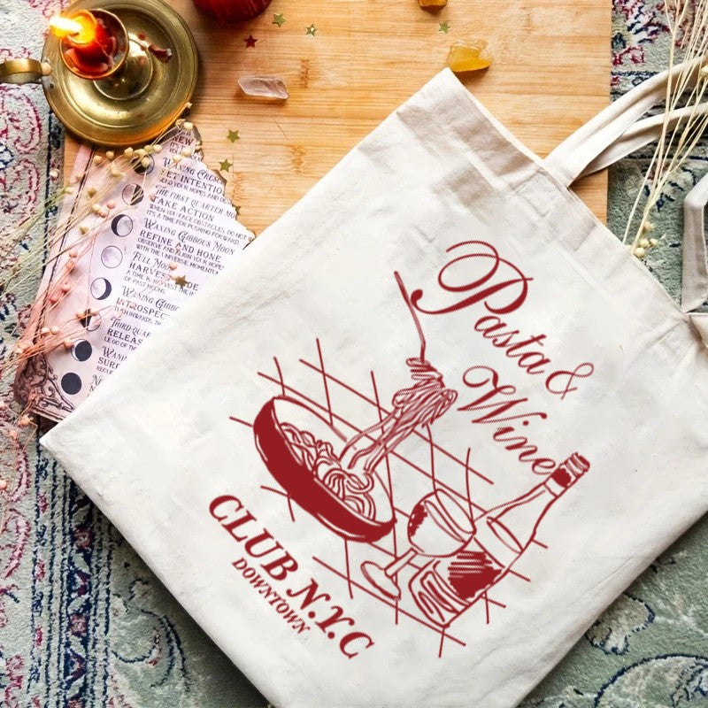 1pcs Pasta Lover Club Artistic Print Canvas Tote Bag Vintage Style Art Bag Luggage Bag Reusable Shoulder Bags