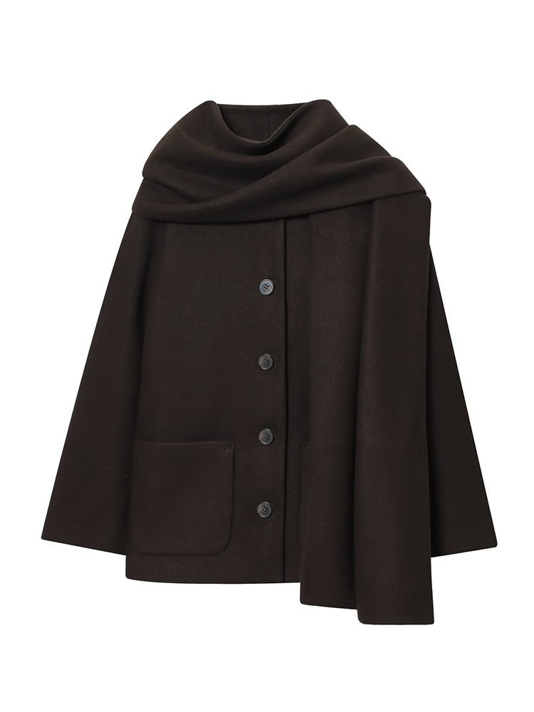 TFMLN Winter New Ladies Solid Jackets Elegant Long Sleeve Pockets Coat Fashion Scarf Collar Warm Short Jacket Streetwear