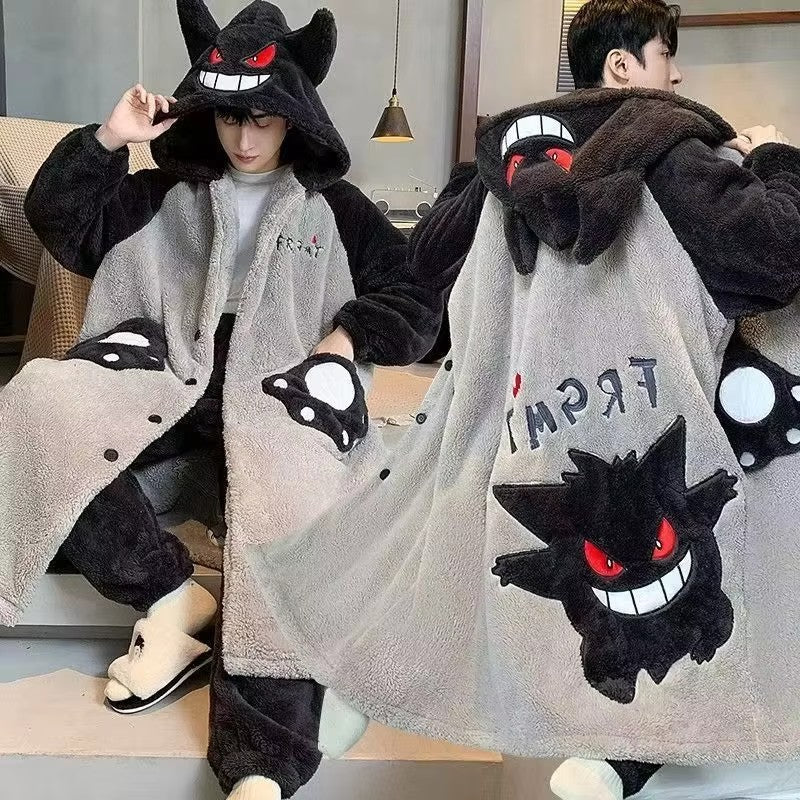Gengar Pajamas Suit Anime Pokemon Winter Coral Fleece Nightgown Large Size of Thickened Warm Cartoon Men Hooded Home Suit Set