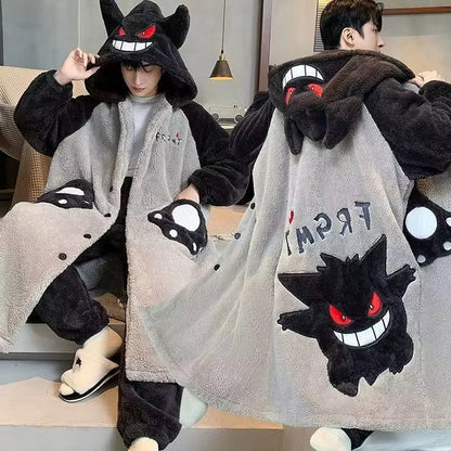 Gengar Pajamas Suit Anime Pokemon Winter Coral Fleece Nightgown Large Size of Thickened Warm Cartoon Men Hooded Home Suit Set