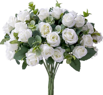 10 Heads pink Artificial Silk Rose Flowers Fake White Eucalyptus  Peony Flower Bouquet, for Home Wedding Party Garden Decoration