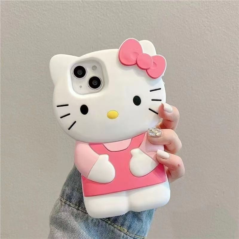 Capa de Silicone 3D Gato com Laço para iPhone 17 Pro Max 16 15 14 Plus 13 Mini 12 11 7 8 4 4S 5 5S X XR SE