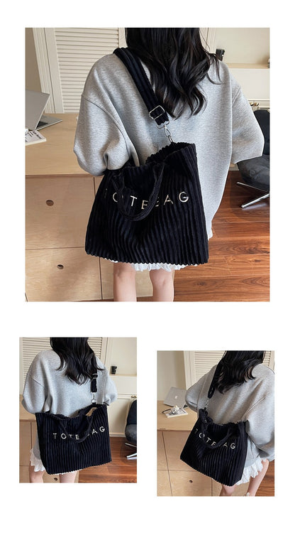 Large Capacity Striped Velvet Handbag Shoulder Bag for Woman Handbags Crossbody Bags, Versatile Letter Corduroy Women's Tote Bag