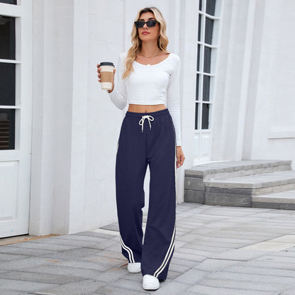 2025 Women Stripe Chic Straight Pant Autumn Spring Retro Sports Sweatpants Solid color casual fashion elegant waist womens pants