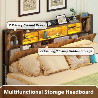 King Size Bed Frame with Storage Drawers and Bookcase Headboard, Wooden Platform King Bed with LED Lights and Charging Station,