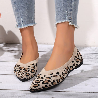 Elegant Houndstooth Knitted Ballet Flats Woman Point Toe Mesh Moccasins Ladies Big Size Leopard Loafers Soft Driving Shoes